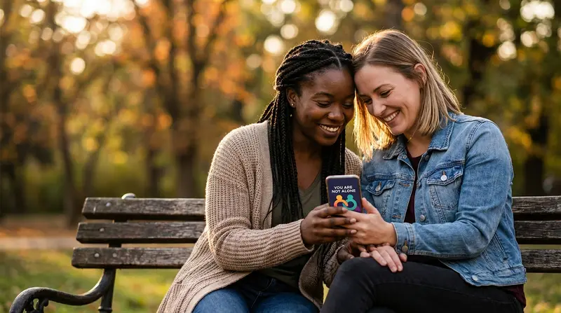 Two women of diverse backgrounds talking supportively on a park bench